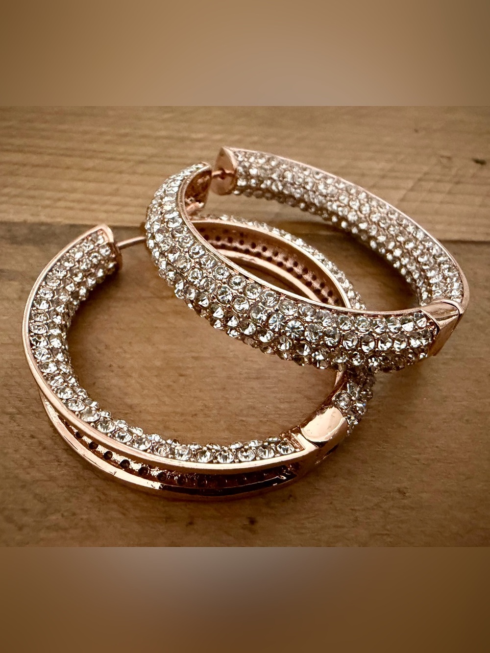 JOAN BOYCE SIGNED JB ROSE GOLD PAVE CRYSTAL STATEMENT HOOP EARRINGS 1.75"